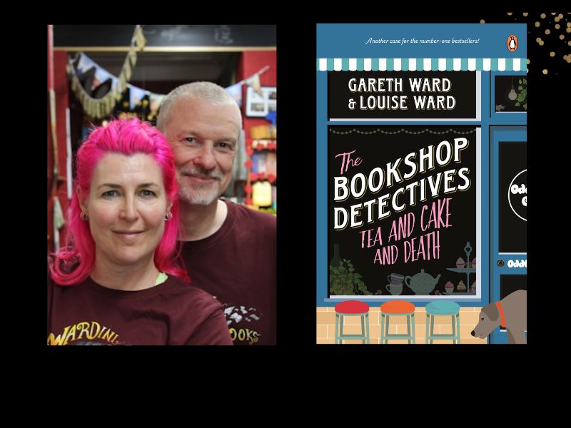 Two panels: One the left is a woman with pink hair and a man with grey hair. On the left is the cover of their book 'The Bookshop Detectives: Tea and Cake and Death.'