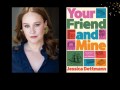Two panels. On the left is a woman with chestnut hair and a blue top. On the right is the cover of a book 'Your Friend and Mine' which is made up of blocks and pastel colours.