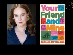 Two panels. On the left is a woman with chestnut hair and a blue top. On the right is the cover of a book 'Your Friend and Mine' which is made up of blocks and pastel colours.