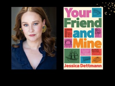 Two panels. On the left is a woman with chestnut hair and a blue top. On the right is the cover of a book 'Your Friend and Mine' which is made up of blocks and pastel colours.