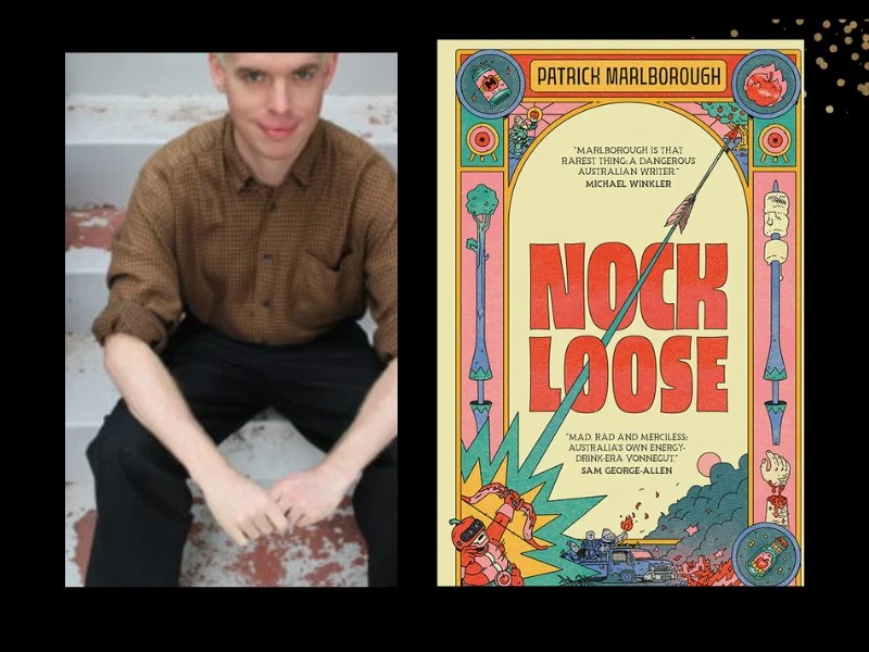 Two panels. On the left is a person wearing a brown shirt and black pants. On the right is the cover of a book, 'Nock Loose' which is illustrated cartoon-style, with an arrow placed diagonally. Nock Loose, by Patrick Marlborough