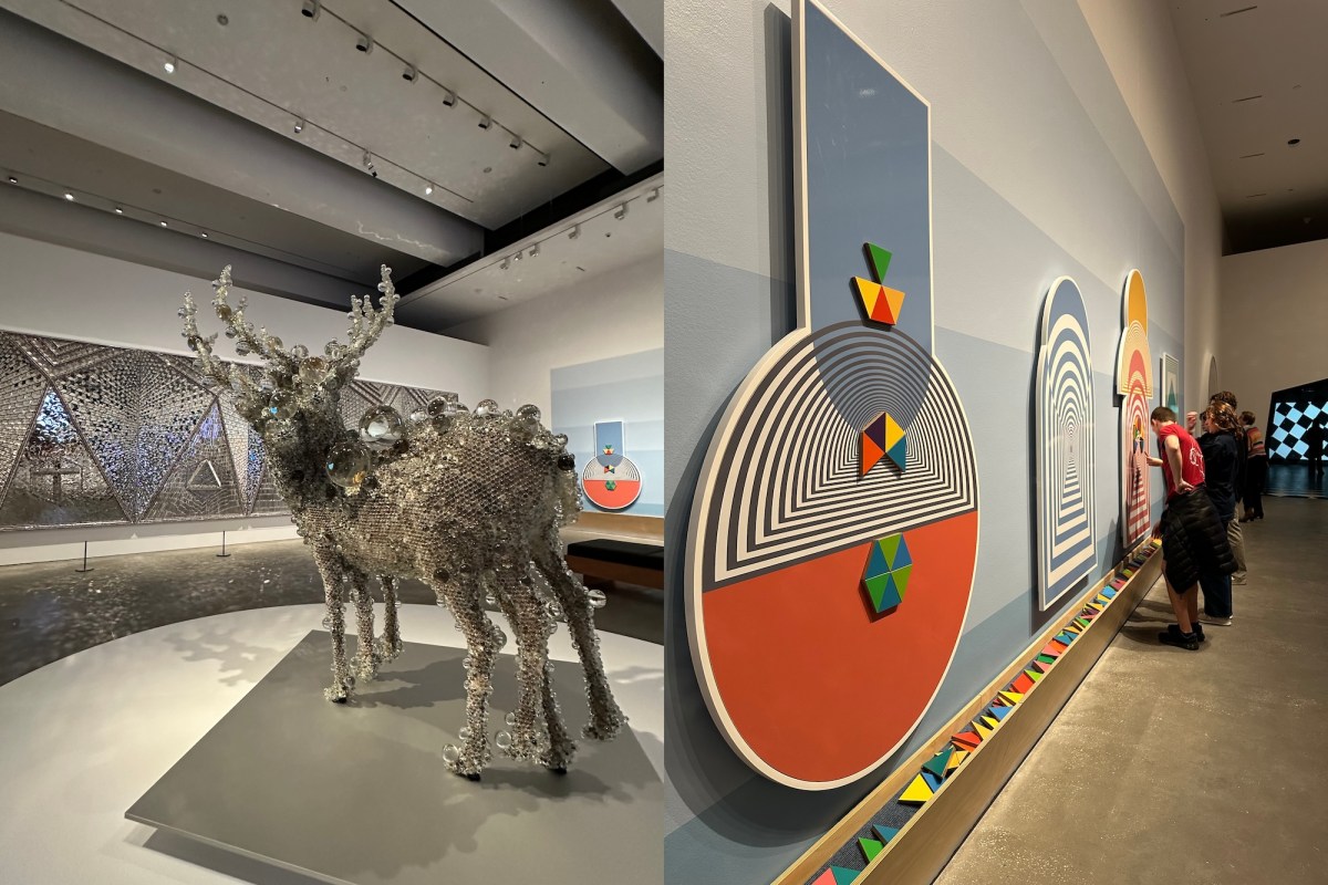 Two views of artworks in a gallery setting. Wonderstruck