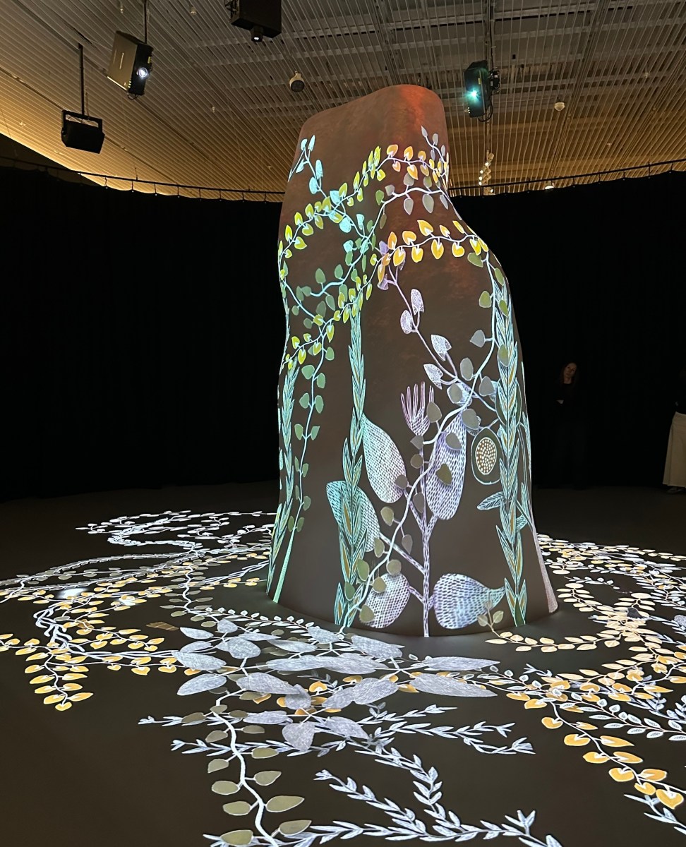 view of a digital artwork with projections of flowers on a sculpture of an termite mound. Yirrkala