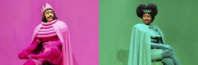 Two people, each are dressed in pink and green, and divided into two sections with their respective colours in the background. BullyBully.
