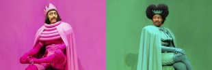 Two people, each are dressed in pink and green, and divided into two sections with their respective colours in the background. BullyBully.