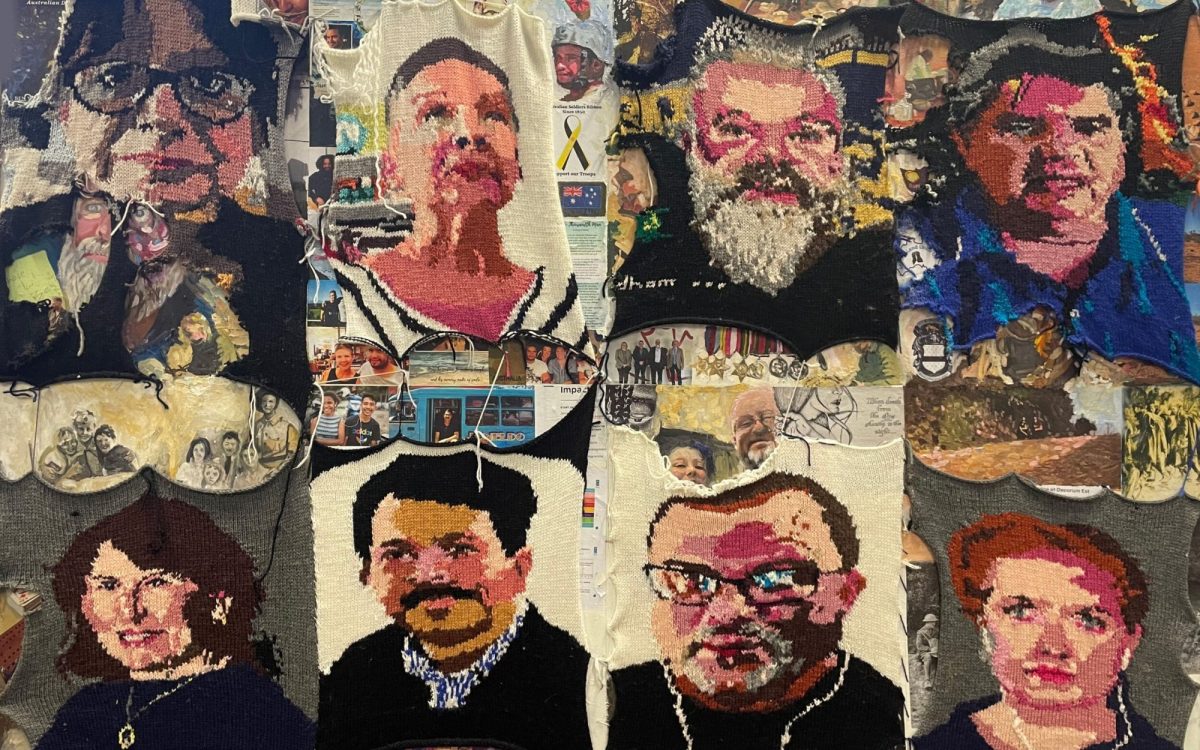 A mixed media collage of eight portraits.