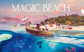 Poster of animated film, 'Magic Beach' featuring a small wooden boat with three kids floating on a blue body of water. A sandy beach is in the background and another boy is swimming deep underwater, next to a jellyfish.