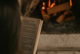 art books, a woman reads a book in front of an open fire.