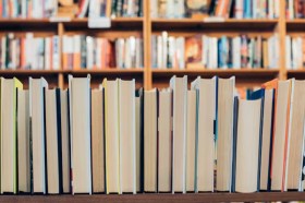 A row of books lined up so you can see their pages. Bakers Lane Books prize.