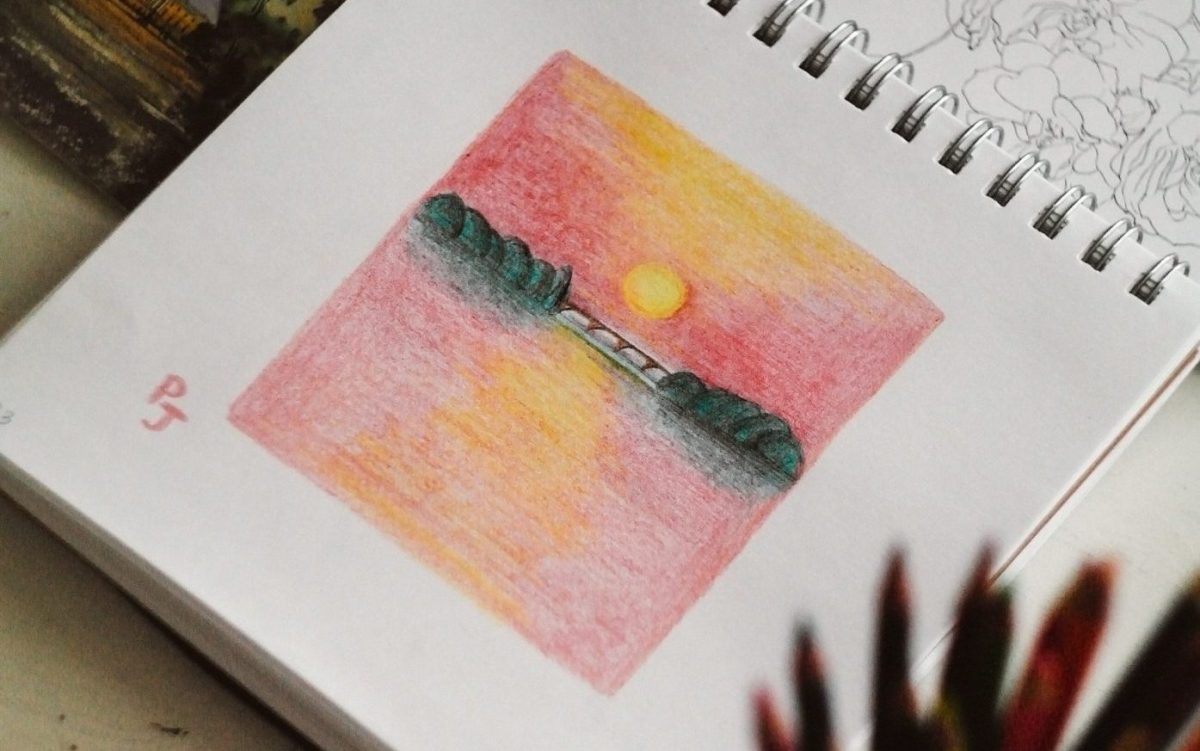 A sunset landscape illustration in a sketchbook. Opportunities, grants, awards
