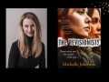 Two panels. On the left is a woman in black with long blonde hair. On the right is the cover of a book, The Revisionists, with a profile of two women.