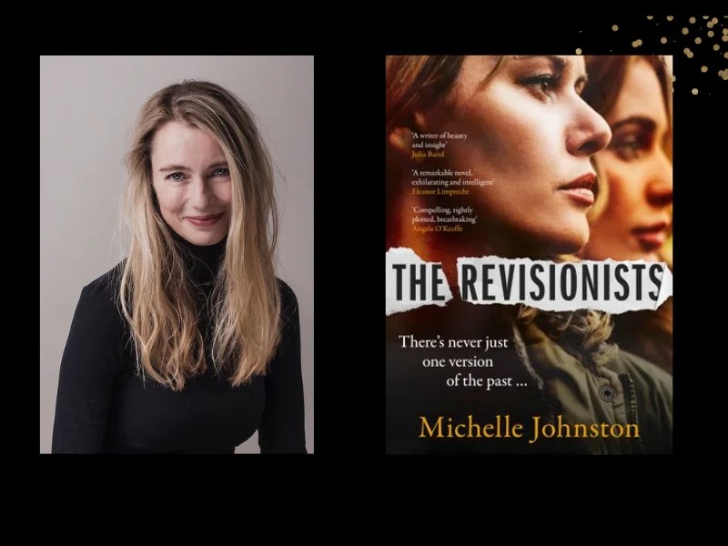 Two panels. On the left is a woman in black with long blonde hair. On the right is the cover of a book, The Revisionists, with a profile of two women.