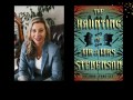 Two panels. On left is a blonde woman wearing a blue jacket and white t-shirt. On the right is the cover of a book 'The Haunting of Mr & Mrs Stevenson'. It has a profile silhouette cut out of a man and woman against a blue background.