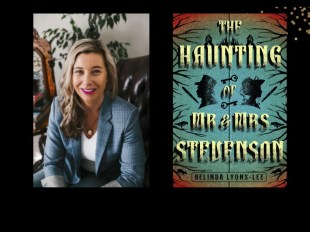 Two panels. On left is a blonde woman wearing a blue jacket and white t-shirt. On the right is the cover of a book 'The Haunting of Mr & Mrs Stevenson'. It has a profile silhouette cut out of a man and woman against a blue background.
