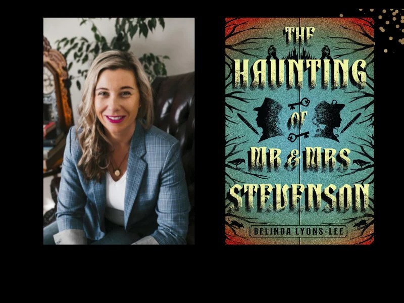 Two panels. On left is a blonde woman wearing a blue jacket and white t-shirt. On the right is the cover of a book 'The Haunting of Mr & Mrs Stevenson'. It has a profile silhouette cut out of a man and woman against a blue background.