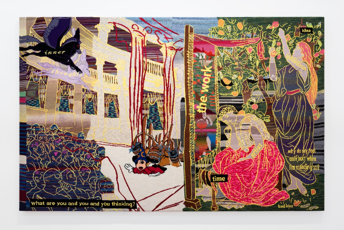 A textile work with mythology motifs such as peaguses and a falling mickey mouse wearing a wizard hat. Text dot around the work, such as 'inner thoughts', 'what are you and you and you thinking?', 'the work', and 'why do my feet only hurt when I' standing still'. Part of Artbank exhibition. 