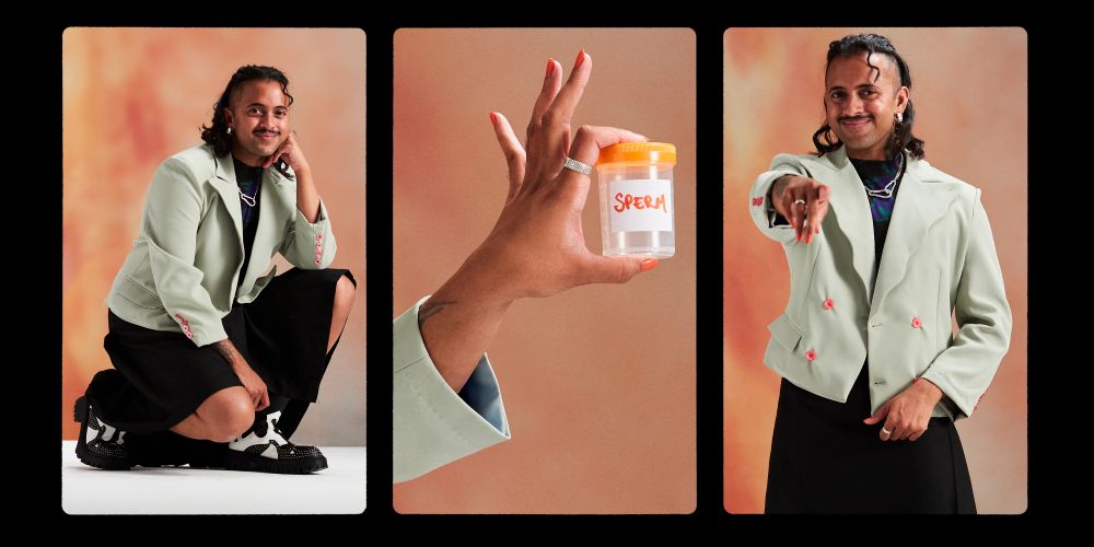 Promotional image for 'First Trimester' at the 2025 Melbourne Fringe Festival. The composite photograph consists of three images: A brown skinned, male-presenting person crouched on one knee and smiling at the camera; the same person holding a yellow-capped transparent specimen jar lablled 'SPERM' in handwritten capital letters; and a third image of the same person smiling and pointing at the camera.