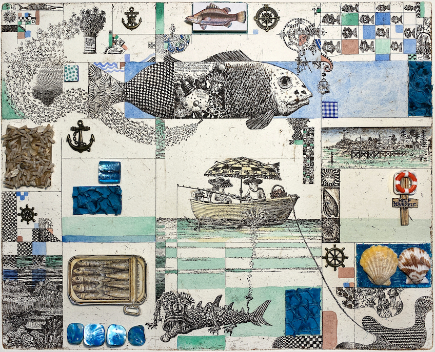 A print in grid composition featuring little snippets of marine themed motifs. Free exhibitions in Western Australia.