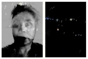 Two black and white abstracted images, one a portrait one a night sky. Wyndham Art Prize