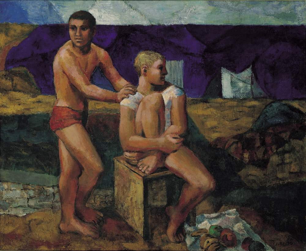 A figurative painting with coarse brush strokes and dark hues depicting one figure standing in his underwear holding on to the shoulder of another figure sitting on a box hugging one knee.