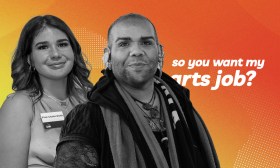 Felicity (Flick) Chafer Smith and Matty Chilly, Indigenous Arts Officers at The Torch. Two portrait photos rendered in black and white on a gradient orange background.