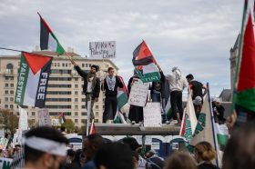 Palestinian protestors on top of a car.