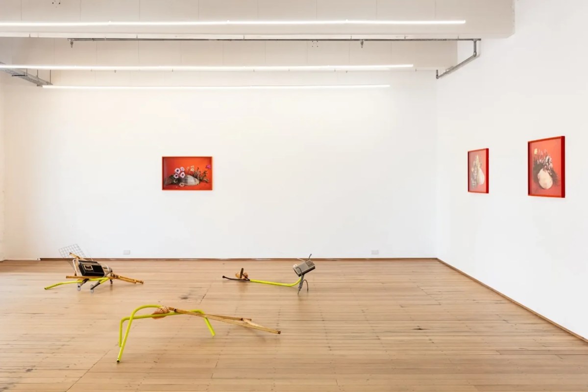A gallery space with small photographs of flower bouquets on red background and three found object sculptures on the ground. Free exhibition.