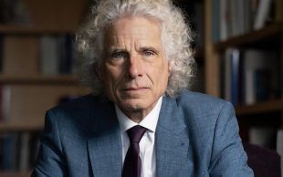 Steven Pinker, a 70-year-old Caucasian man with curly gray hair, a stern face, wearing a navy suit.