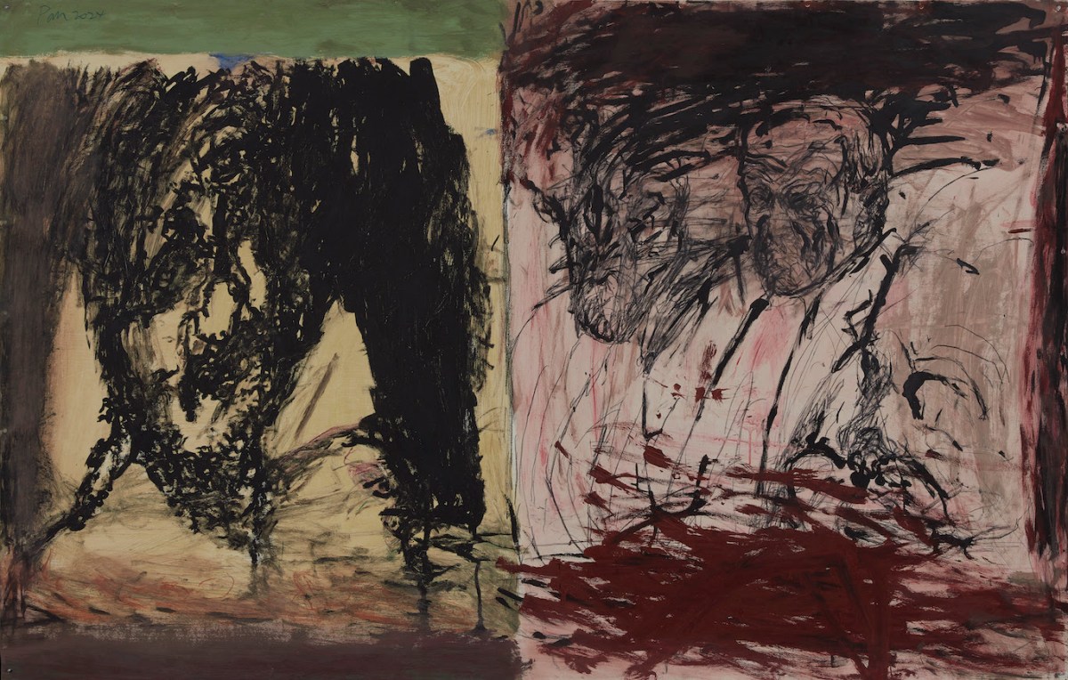 Abstract paintings with wild brushstrokes and subdued tones of green, yellow, burgundy and black. The canvas appears chaotic and full of rage.