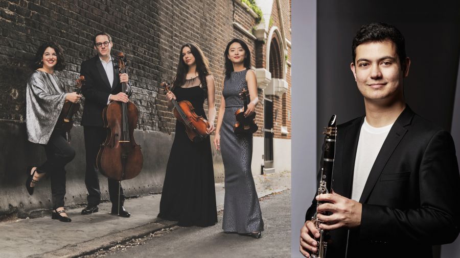 Doric String Quartet (left) and (right) clarinettist Lloyd Van’t Hoff perform together for Musica Viva in 2026. The first photograph shows the Quartet's members standing in a London street, a weathered brick wall behind them; the second photograph depicts a smooth-faced young man with thick, dark hair, fair skin and wearing a formal black jacket over a white t-shirt. He is holding a clarinet as if about to start playing it.