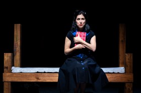 A dark-haired woman sitting on a bed clutching a red book in Anne Being Frank.