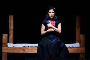 A dark-haired woman sitting on a bed clutching a red book in Anne Being Frank.