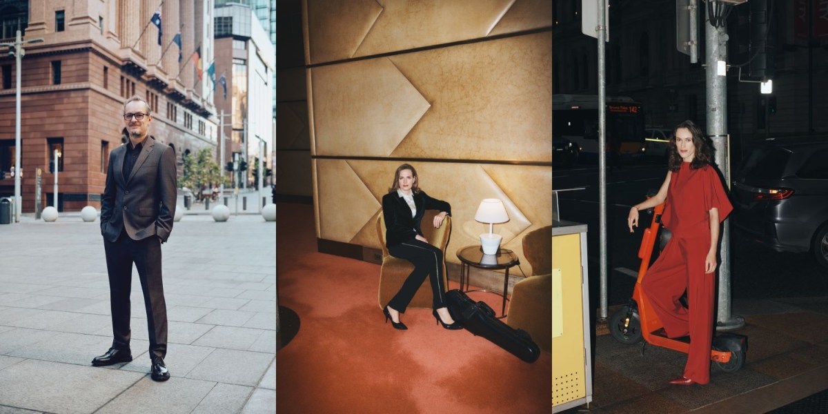 L-R: ACO Artistic Director Richard Tognetti, ACO Principal Violin Satu Vanska, and ACO Viola Elizabeth Woolnough. Tognetti, wearing a dark suit, poses on a city street with his hands in his pockets; Vanksa sits beside her instrument inside a 70s-looking concert hall foyer, with her instrument on the floor beside her; and Woolnough poses on a street at night, leaning her right arm on an e-scooter.