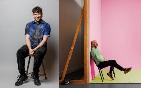 L-R: Griffin Theatre Company Artistic Director Declan Greene (photo: Brett Boardman) and Belvoir Artistic Director Eamon Black (photo: Daniel Boud). Two fair-skinned men sit for the camera. Greene is sitting on a four-legged stool and faces the camera directly; his hands are clasped in his lap. Flack leans back on his chair and is photographed in profile, though his head is turned towards the camera.