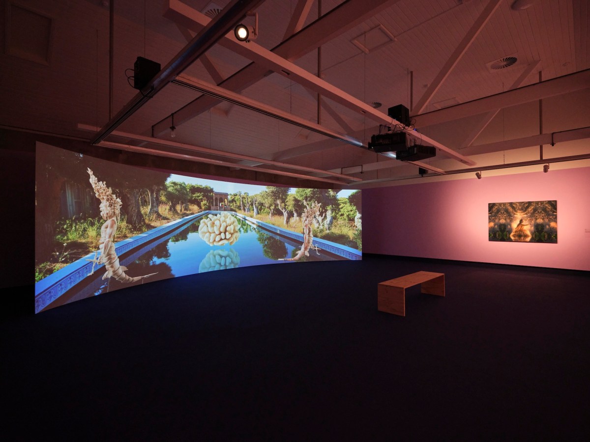 Gallery view of video installation with pink walls. Lisa Reihana