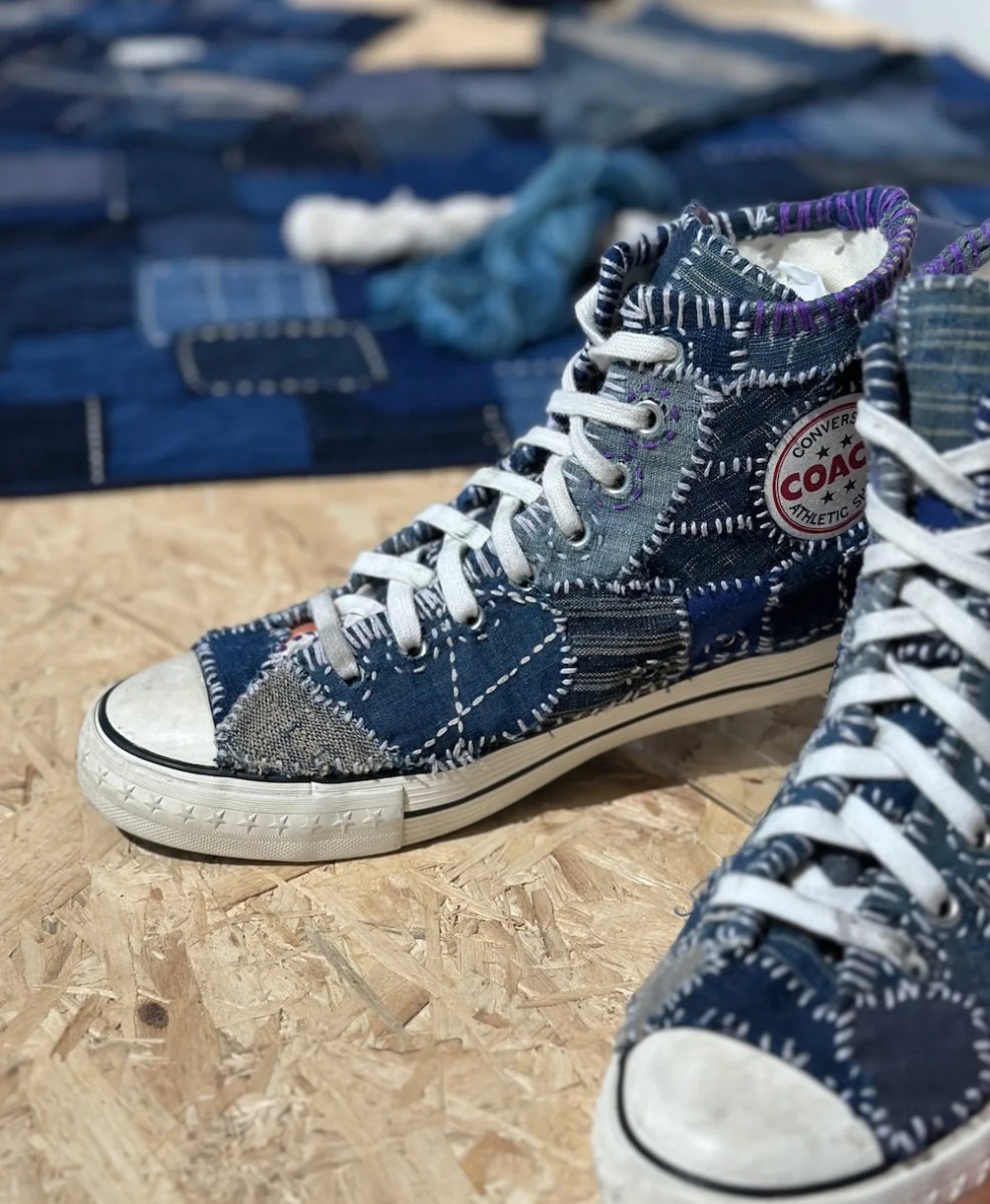 Recycled, hand-stitched blue joggers. Sydney Craft Week.