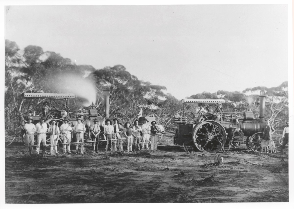 Clearing gang with the traction engines used to strip the ‘Mallee’ scrub, Mildura, 1890. IMage: State Library Victoria Collections.