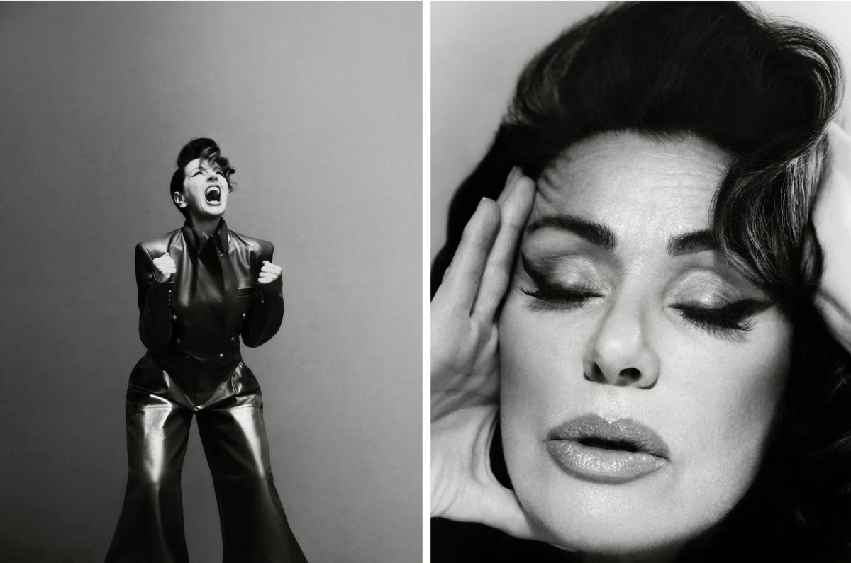 Two part black and white photograph of a woman - a singer. Tina Arena