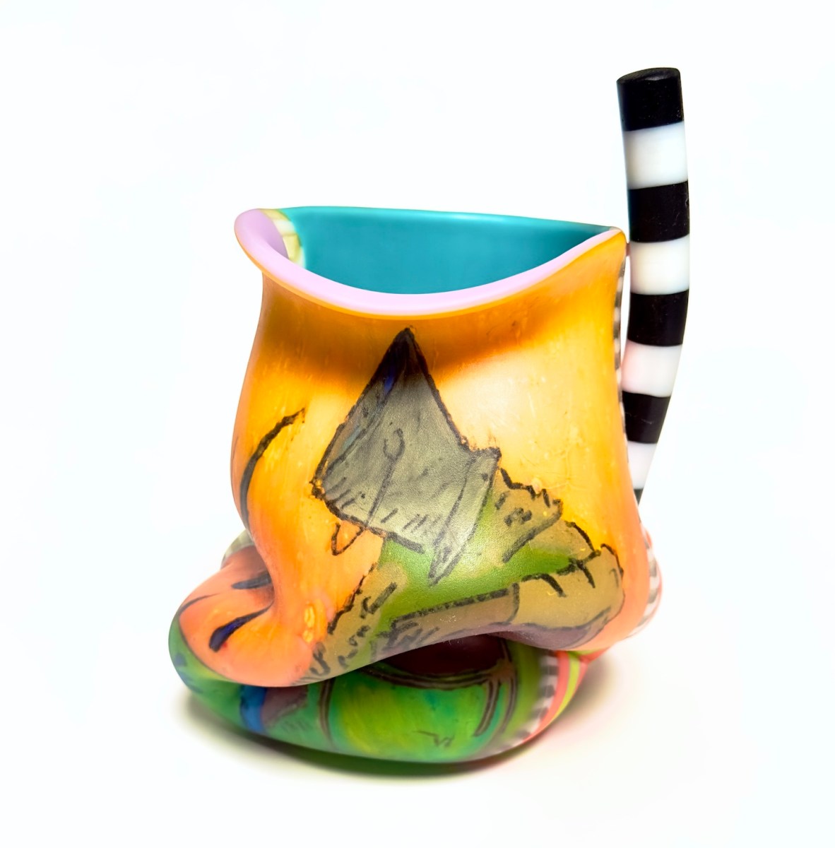A bright coloured glass pot that is slipping and black and white snorkel. Scott Chaseling.
