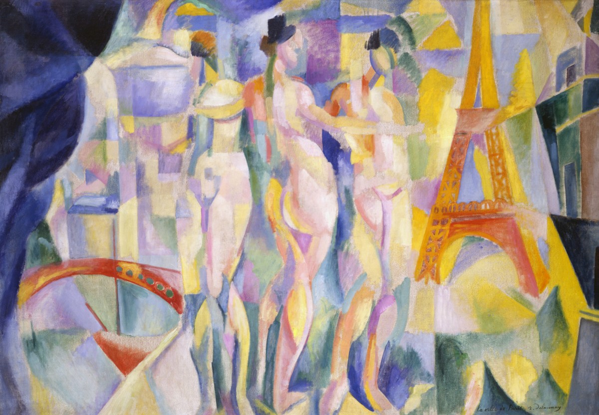 Abstract painting of two women and Eifle Tower in Paris setting in fractured pinks and yellows. Robert Delaunay in 'Monet to Matisse' exhibition.