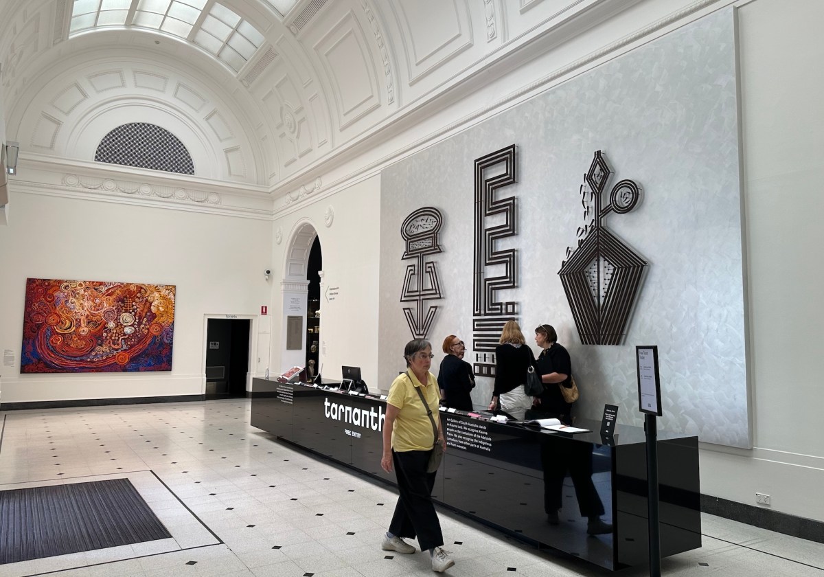 Installation view Darryll Sibosado's work in Too Deadly: Ten years of Tarnanthi at Art Gallery of South Australia. Photo: ArtsHub.