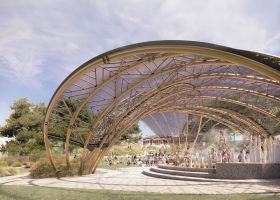 New performance venue Lango at Footscray Community Arts. An artist's render of the outdoor performance space, showing the stage and the three overlapping architectural shells arcing above it.