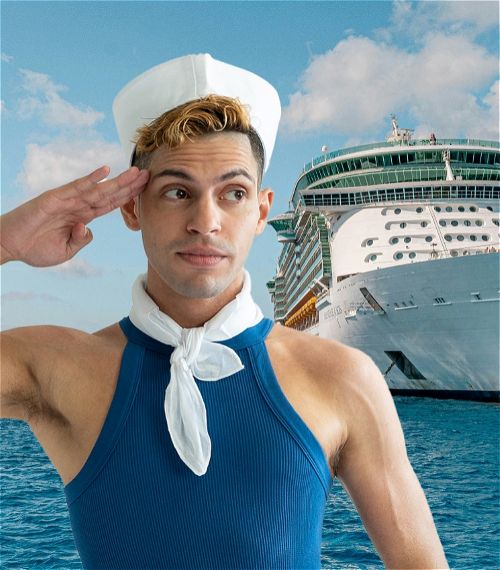 'A Beginners Guide to Gay Cruising' at Melbourne Fringe 2025. A young man in a sleeveless crop-top and wearing a white sailor's cap and white neckerchief salutes; a photoshopped cruise ship and calm ocean are visible behind him.