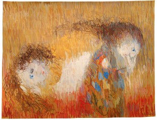 Tapestry detail of figures ghostly figures in golden background Arthur Boyd NGA 2026.