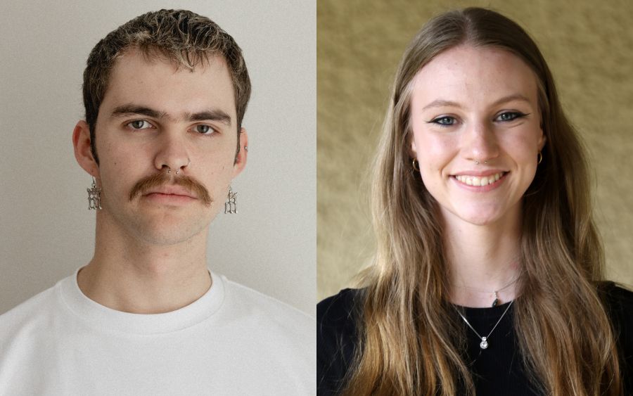 Canberra Youth Theatre actors Blue Hyslop (left) and Kat Dunkerley (right) are performing in the new season of 'Work, But This Time Like You Mean It' at ATYP's Rebel Theatre in Sydney. On the left is a non-binary actor with fair skin, short dark hair, brown eyes, a moustache and wearing earings and a white T-shirt. On the right is a young woman with long, light brown hair, fair skin and blue-grey eyes; she wears two light necklaces over a black shirt and is smiling at the camera.