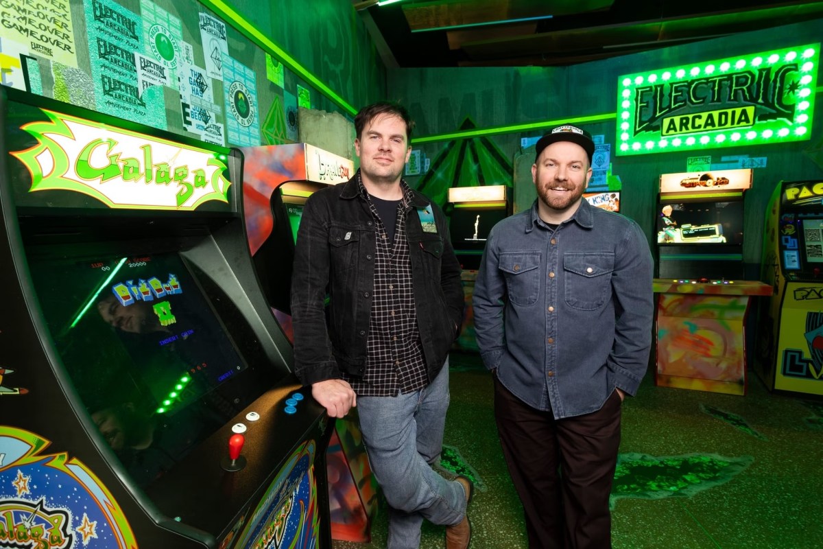 Louie Roots and Callum Preston, the artists behind ELECTRIC ARCADIA, at Fed Square part of Melbourne International Games Week. Photo: Tobias Titz.