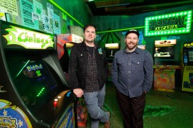 Louie Roots and Callum Preston, the artists behind ELECTRIC ARCADIA, at Fed Square part of Melbourne International Games Week. Photo: Tobias Titz.