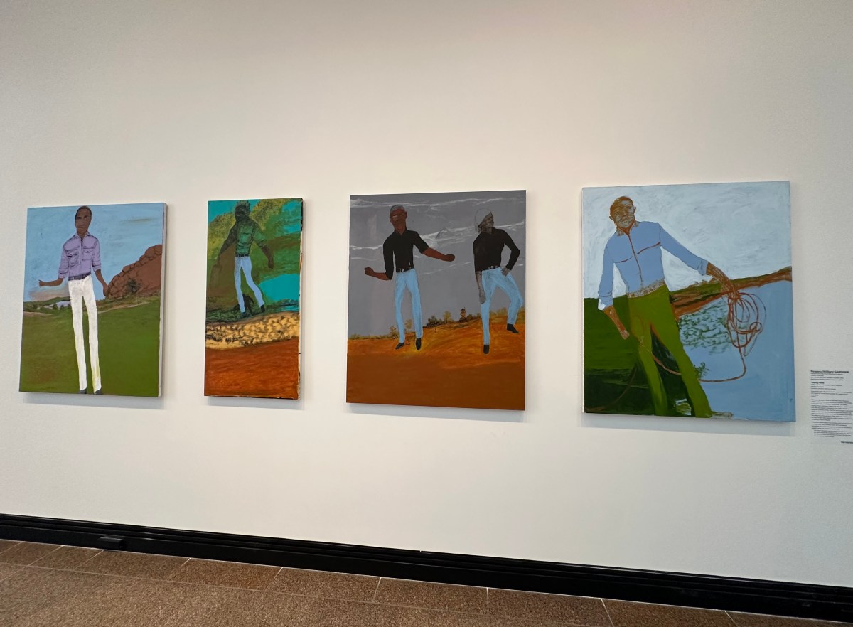 Installation view of Nyaparu (William) Gardiner's paintings in Too Deadly: Ten years of Tarnanthi at Art Gallery of South Australia. Photo: ArtsHub.