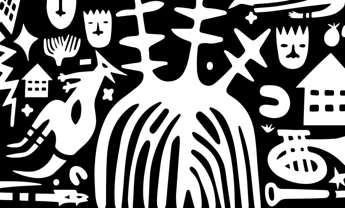Aretha Brown's artwork for Monash University's new First Nations festival, Kindred People. A vividly designed black and white abstract image.