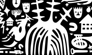 Aretha Brown's artwork for Monash University's new First Nations festival, Kindred People. A vividly designed black and white abstract image.